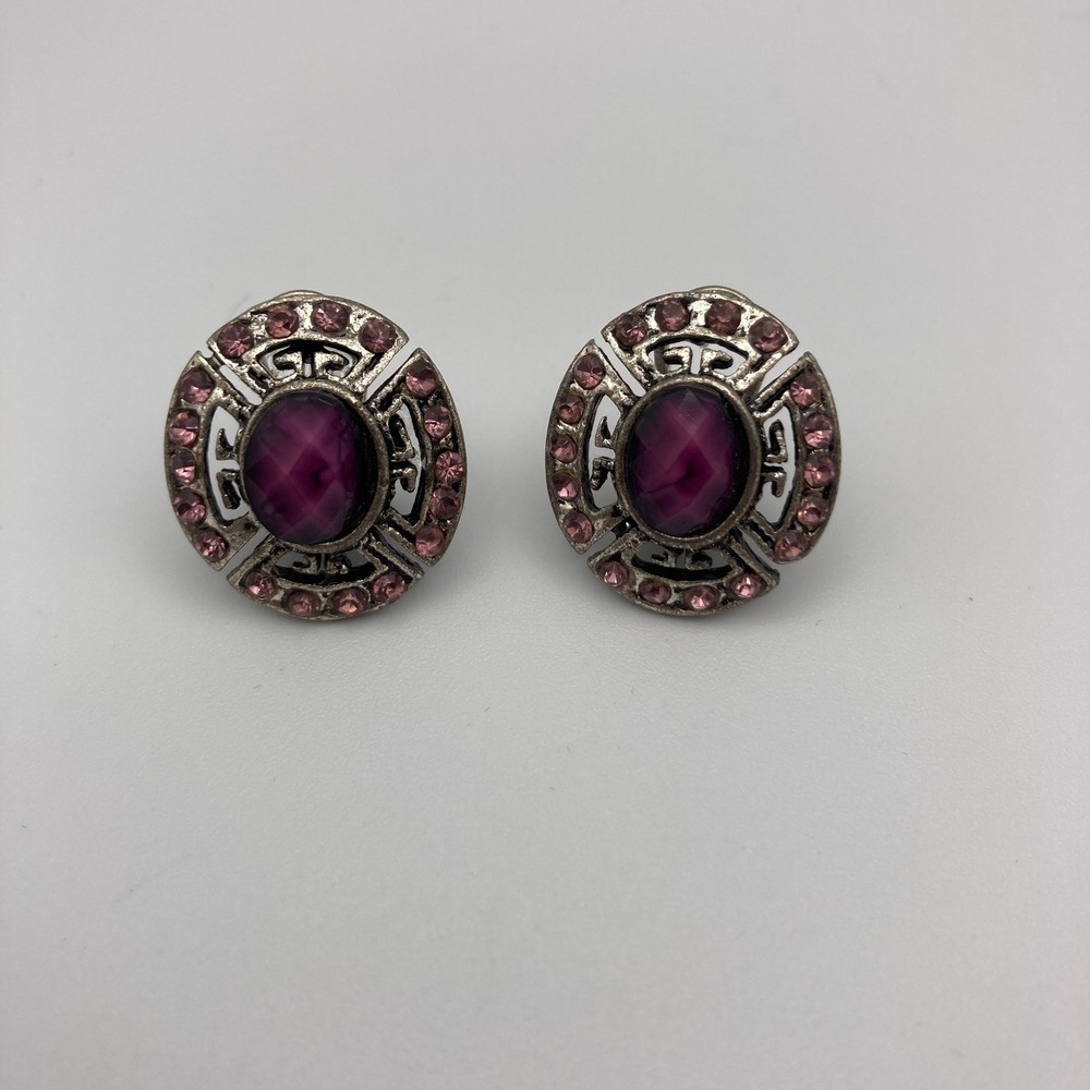 Vintage Style Purple Cabochon Pink Rhinestone Silver Tone Clip‎ On Post Earrings